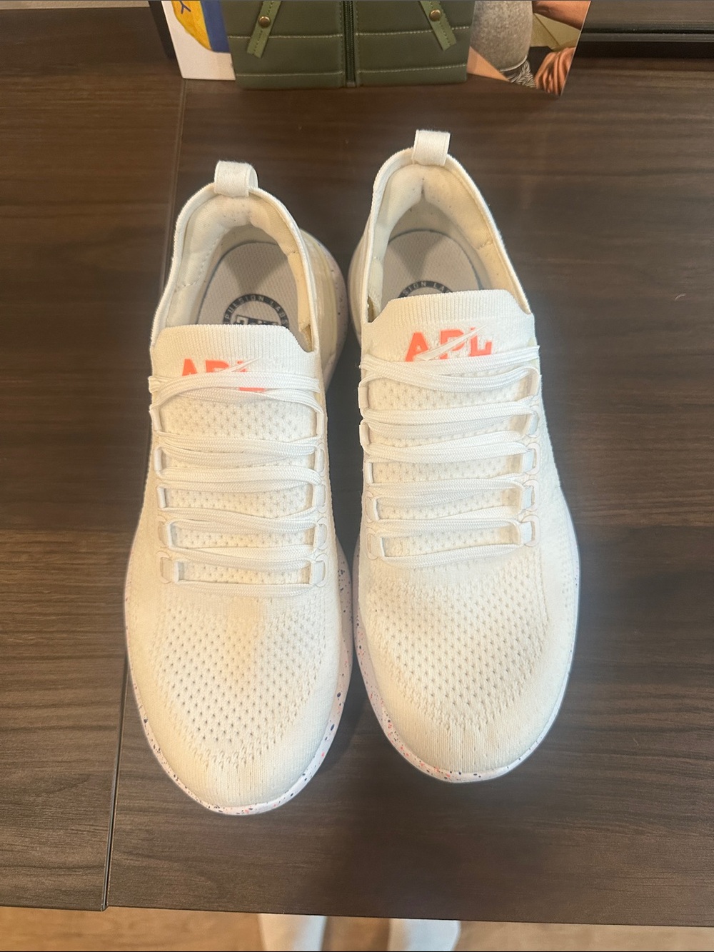 APL Women's White Knit Slip-On Sneakers with Coral Logo Accent